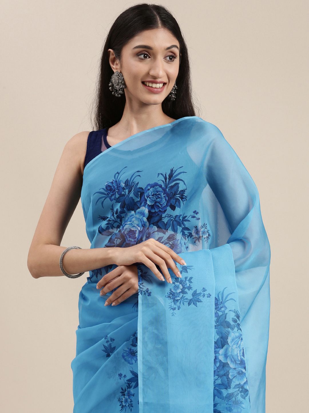 Mitera Blue Floral Print Organza Saree Price in India