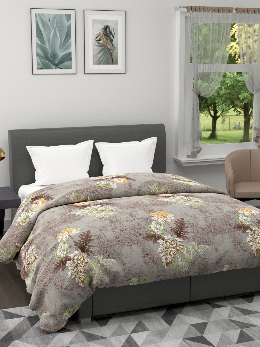 BIANCA Khaki & Yellow Floral Microfiber AC Room 120 GSM Double Bed Comforter Price in India