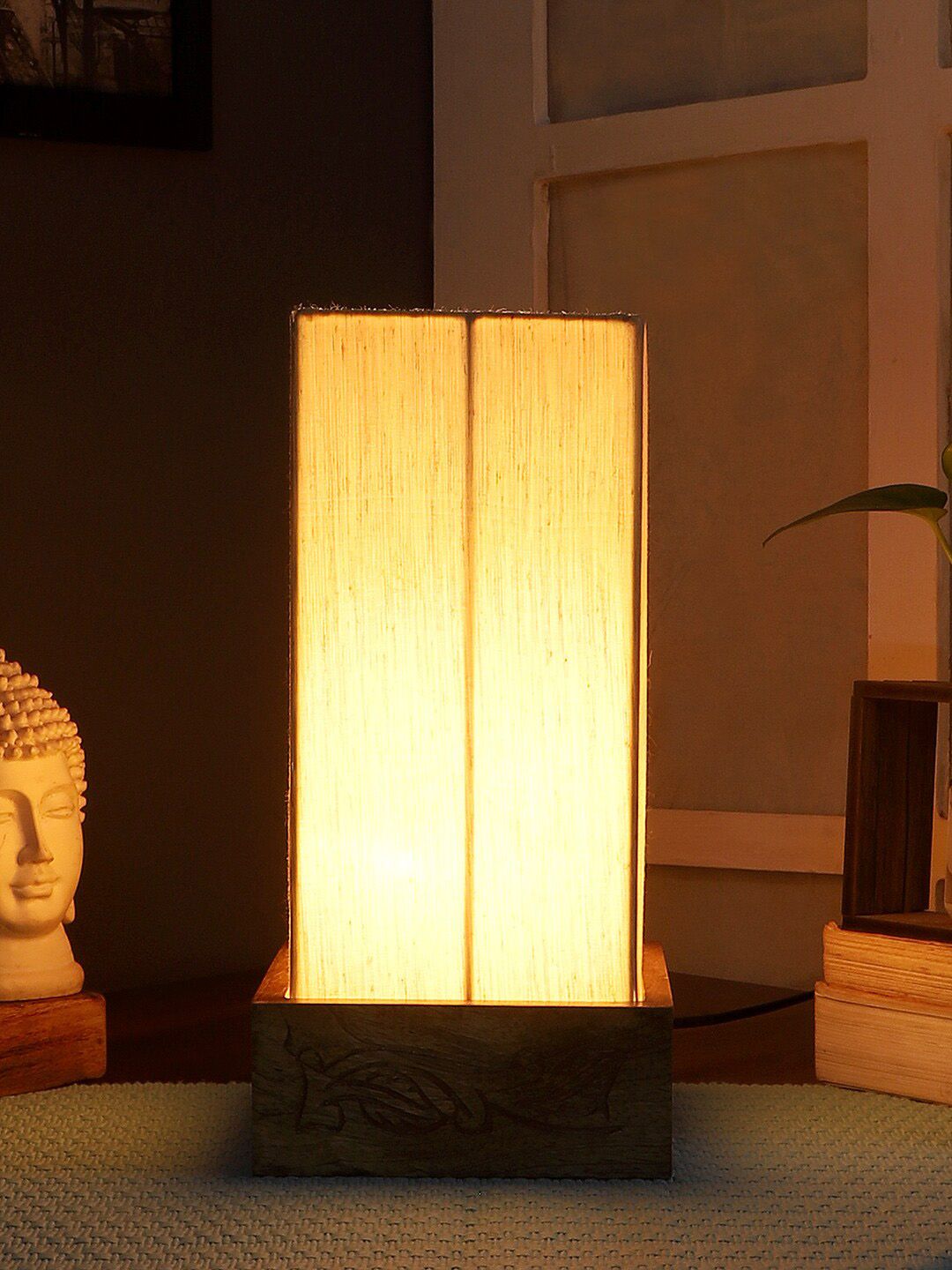 Devansh Off-White Cotton Table Lamp with Wooden base Price in India