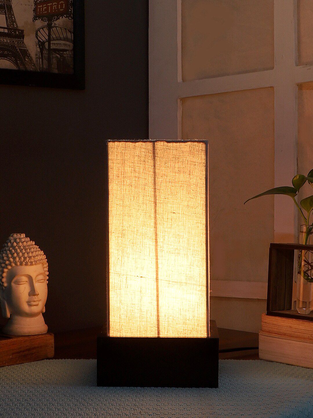 Devansh Grey & Black Solid Wooden Table Lamp with Cotton Shade Price in India