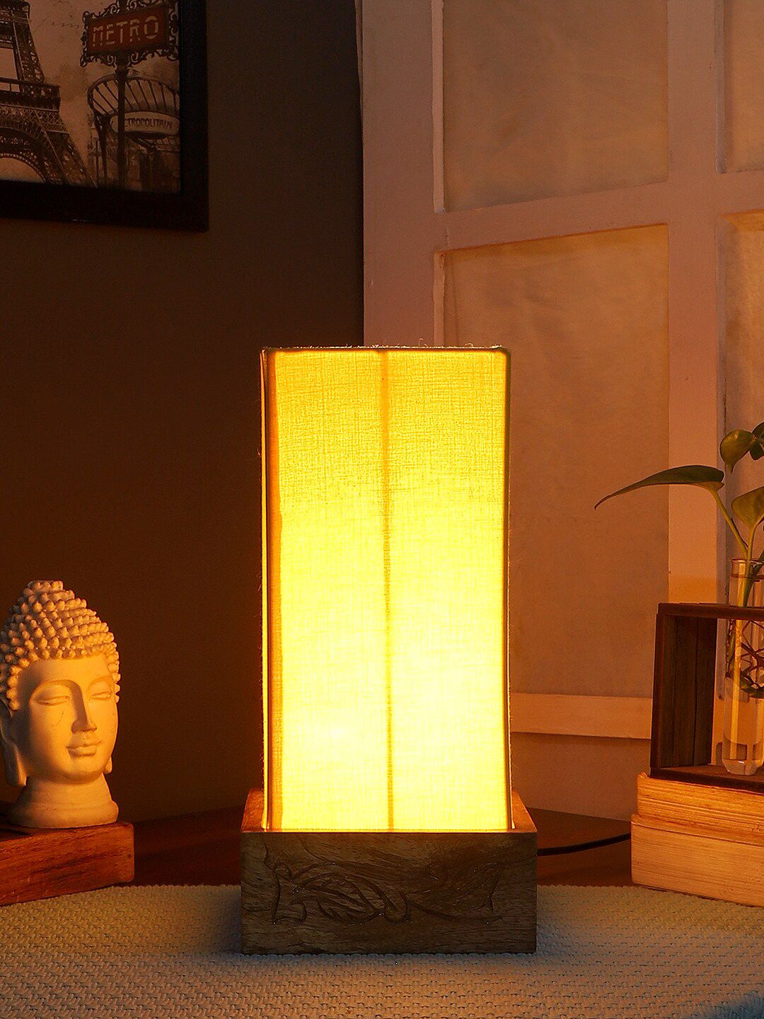 Devansh Yellow Cotton Table Lamp with Wooden Base Price in India