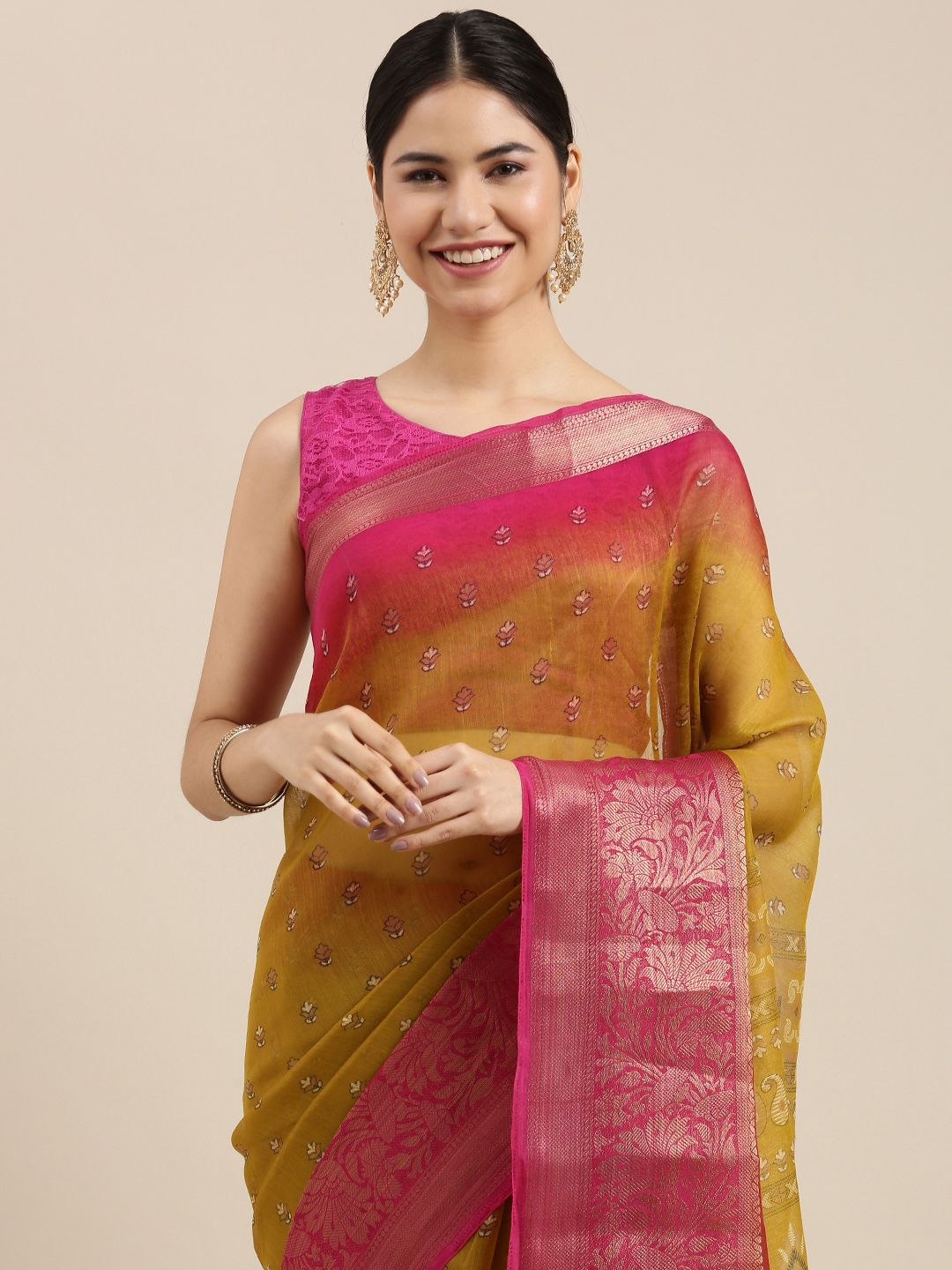 PERFECTBLUE Mustard Yellow & Fuchsia Floral Woven Design Saree