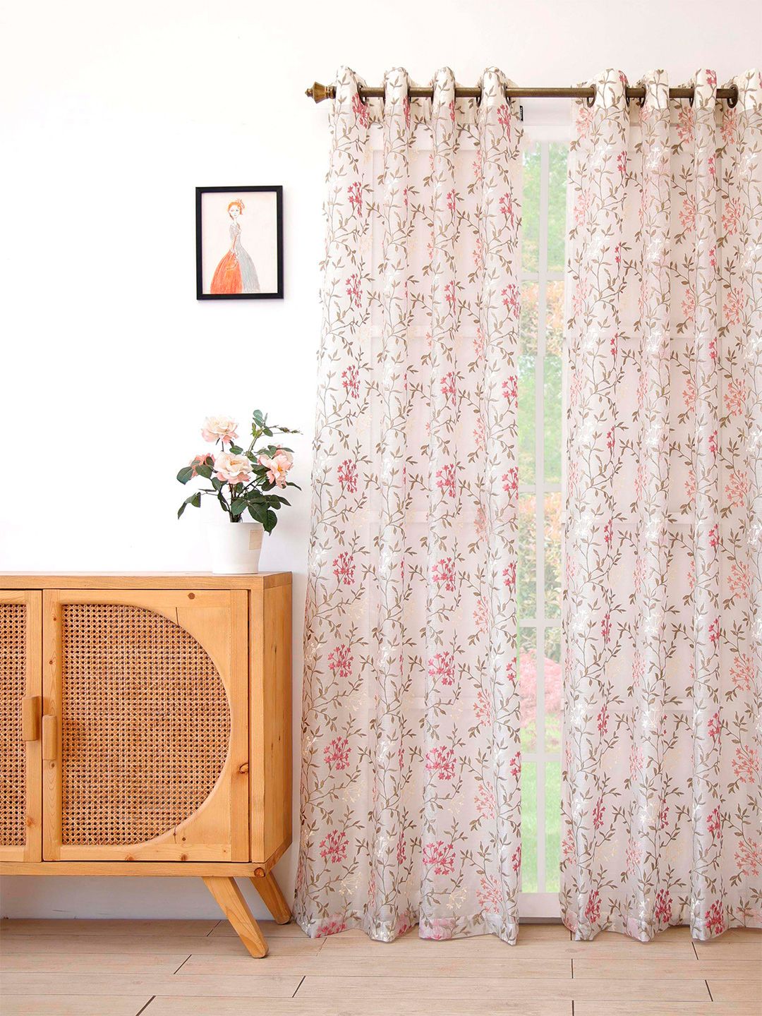 Ariana Pink & Green Floral Embroidered Sheer Long Door Curtains Price in India