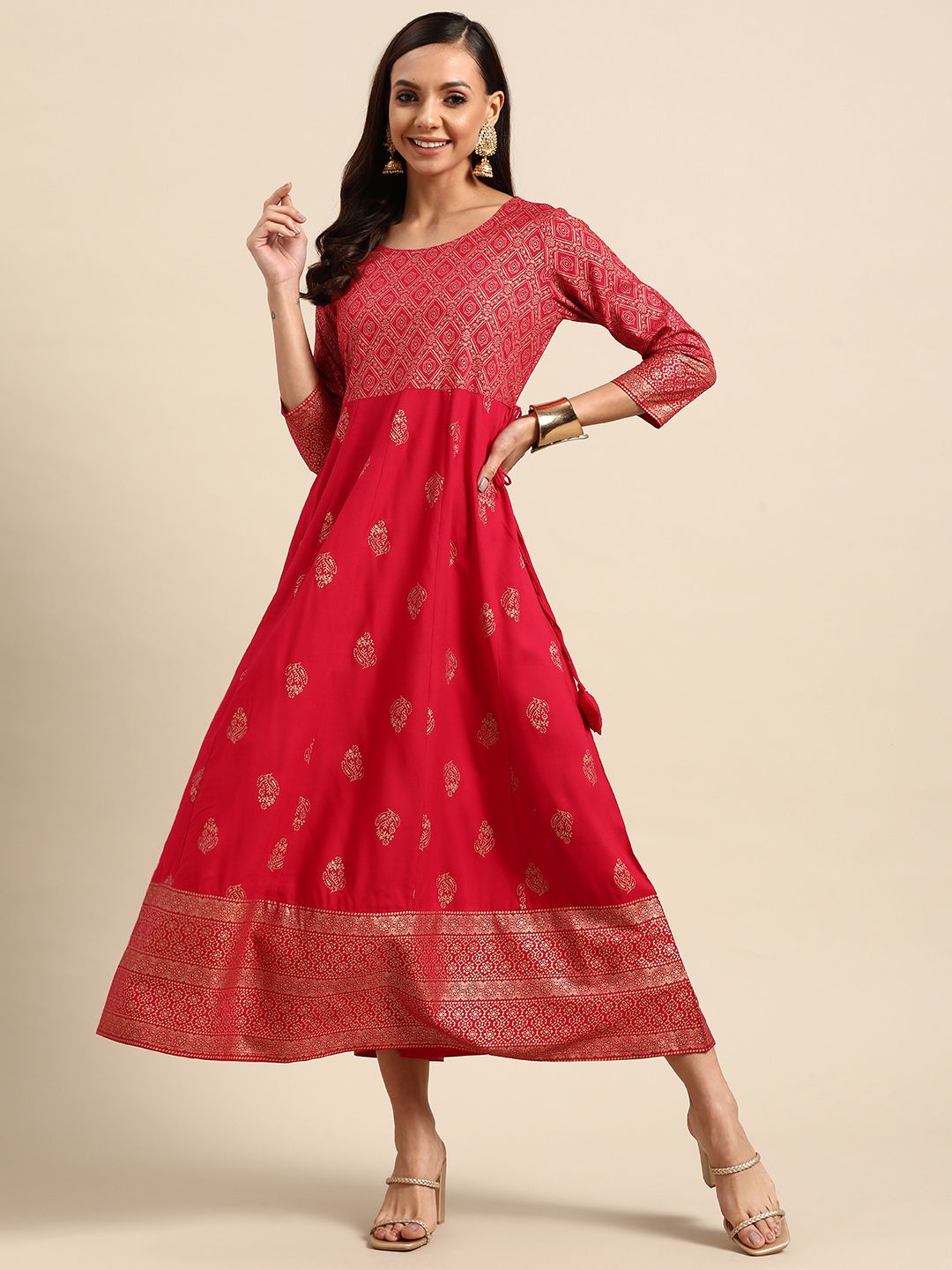 GERUA Magenta & Gold-Toned Ethnic Motifs Ethnic Midi Dress Price in India