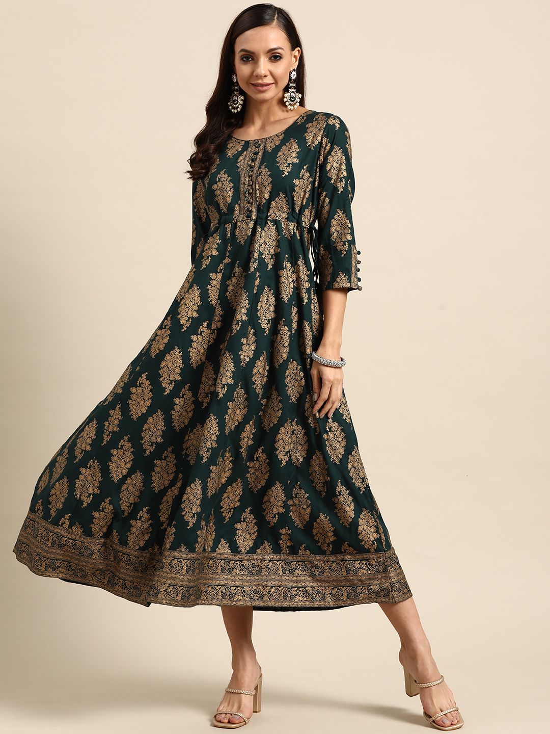 GERUA Green & Gold-Toned Ethnic Motifs Ethnic Midi Dress Price in India