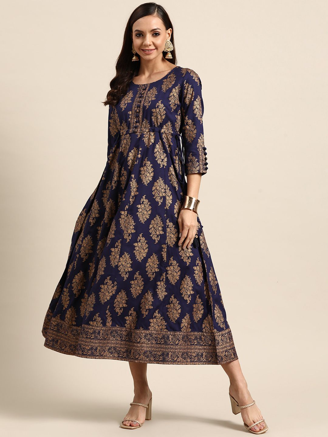 GERUA Navy Blue & Gold-Toned Ethnic Motifs Ethnic Midi Dress Price in India