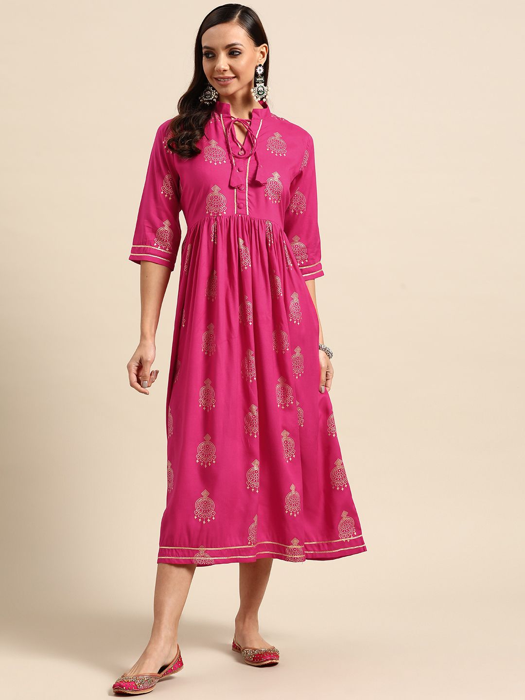GERUA Pink & Gold-Toned Ethnic Motifs Ethnic Midi Dress Price in India