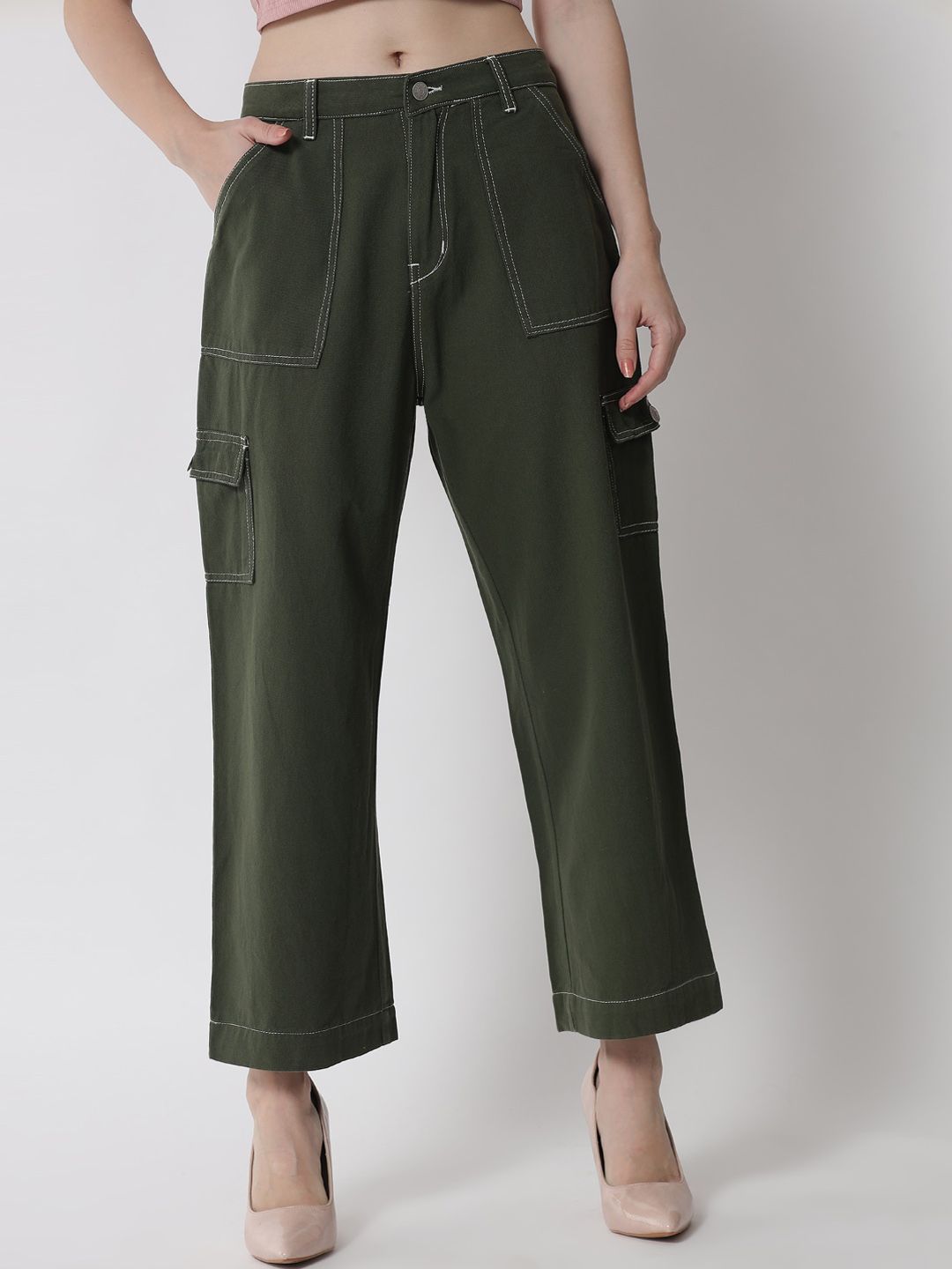 River Of Design Jeans Women Olive Green Wide Leg High-Rise Jeans Price in India