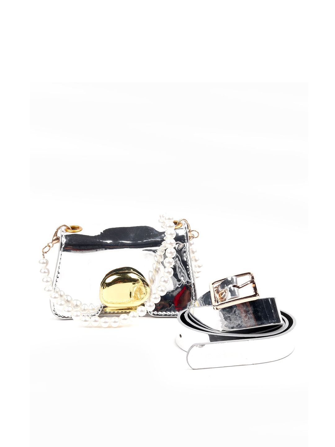 ODETTE Women Silver-Toned Leather Belt With Pouch Price in India