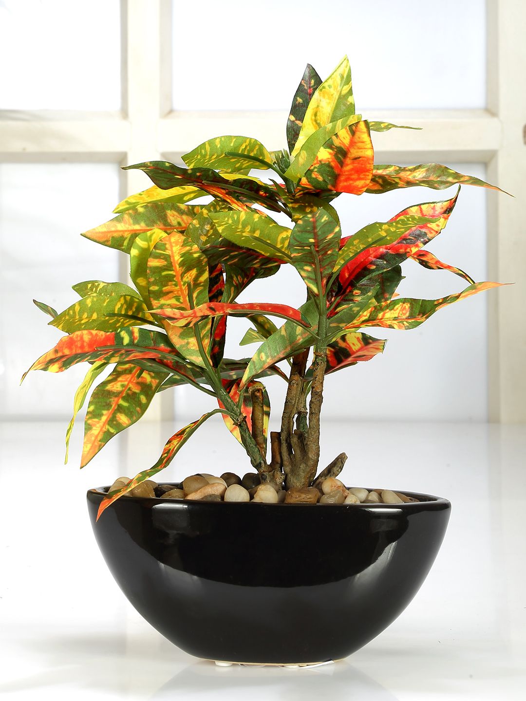 Fourwalls Orange & Green Artificial Croton Bonsai Plant Price in India