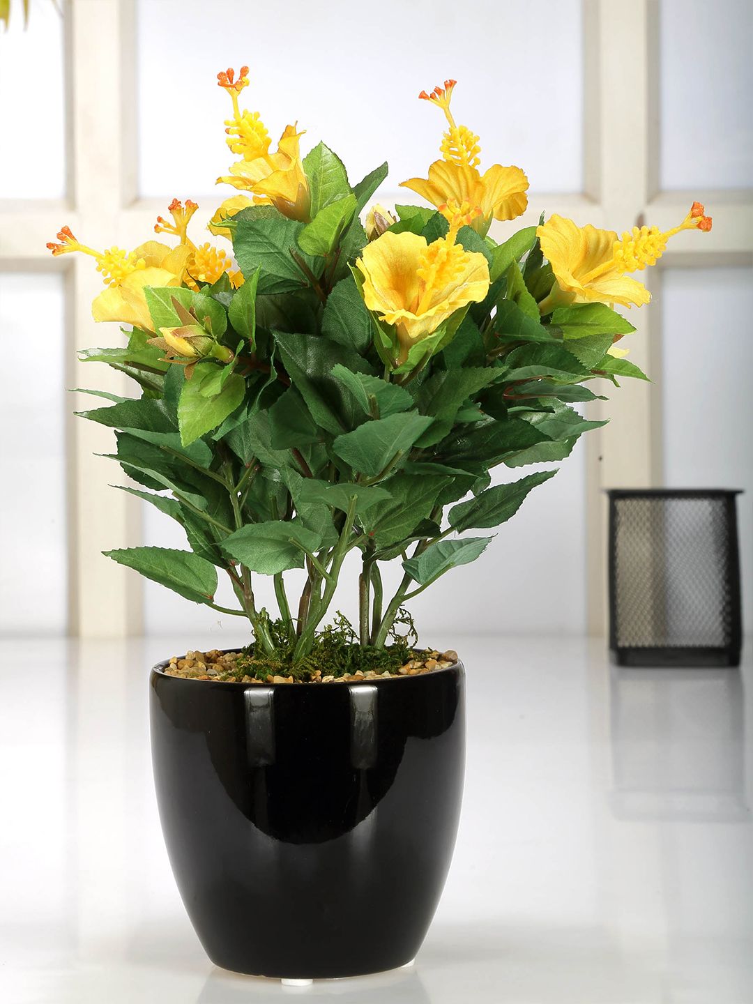 Fourwalls Green & Yellow Artificial Hibiscus Flower Plant With Ceramic Pot Price in India