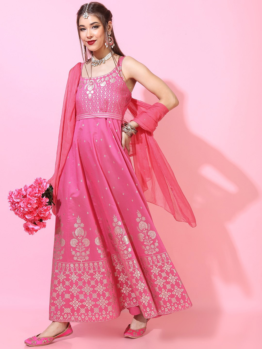 Vishudh Pink Floral Ethnic Maxi Dress Price in India