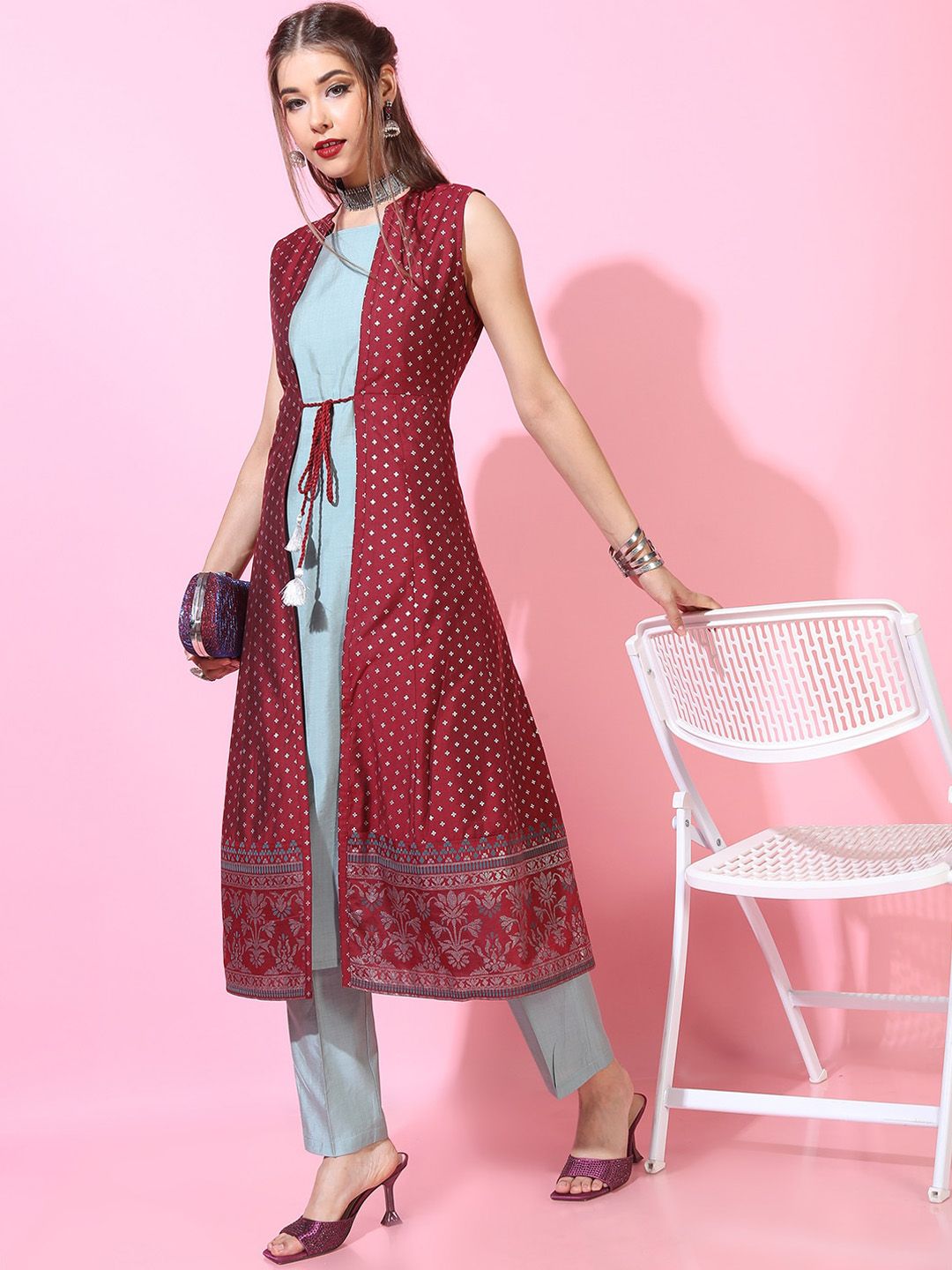 Vishudh Women Red Solid kurta with Palazzo & Jacket Price in India