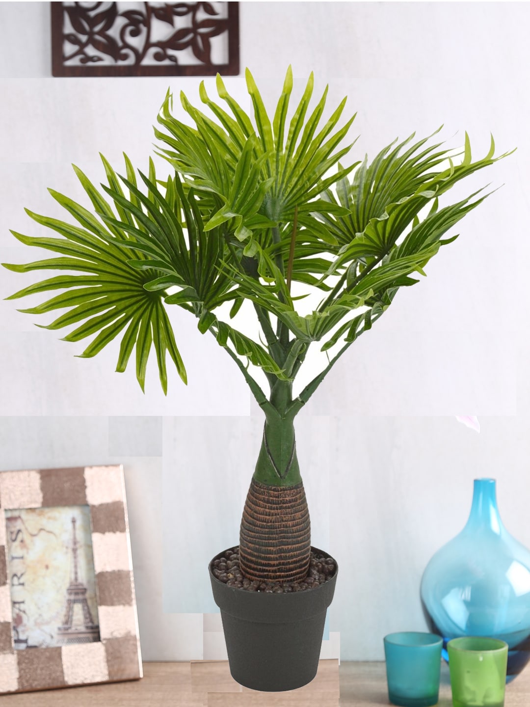 Fourwalls Green Artificial Bottle Fan Palm Plant with Pot for Tabletop Decor Price in India