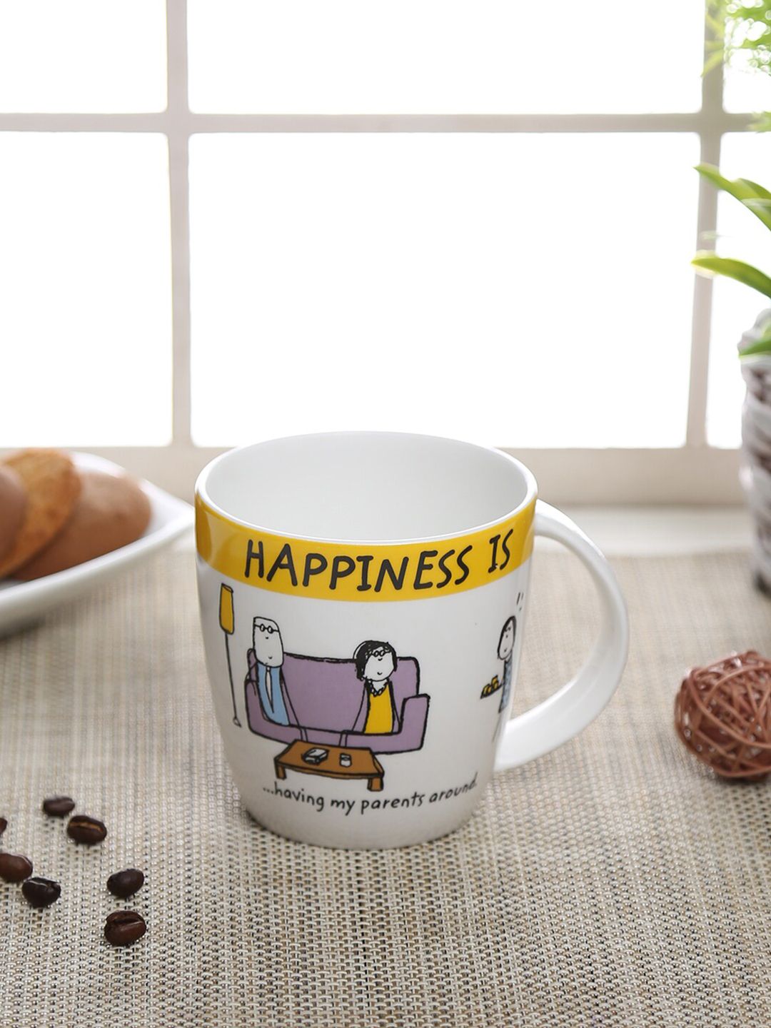 CLAY CRAFT White & Yellow Printed Ceramic Glossy Mug Price in India