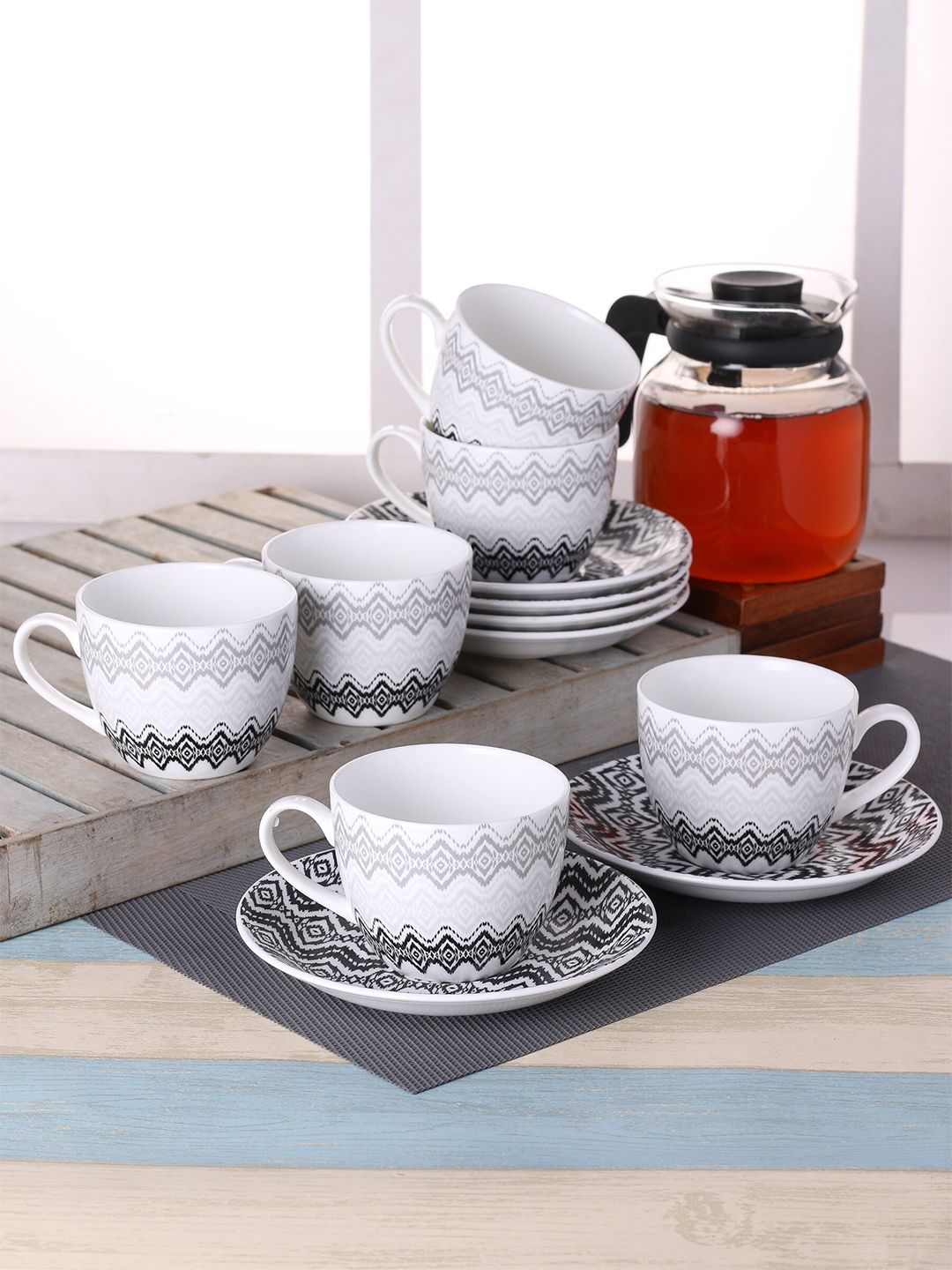 CLAY CRAFT Set of 6 White & Black Geometric Printed Ceramic Glossy Cups and Saucers Price in India