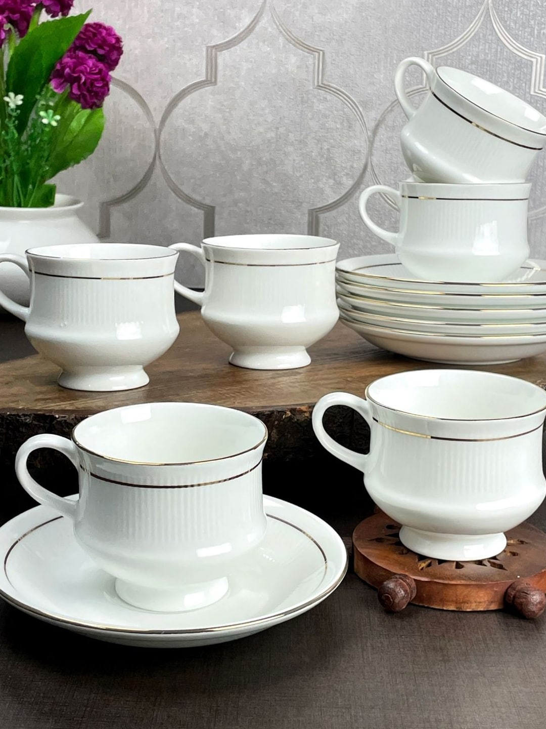 CLAY CRAFT Set Of 12 White & Gold-Toned Solid Ceramic Glossy Cups and Saucers Price in India