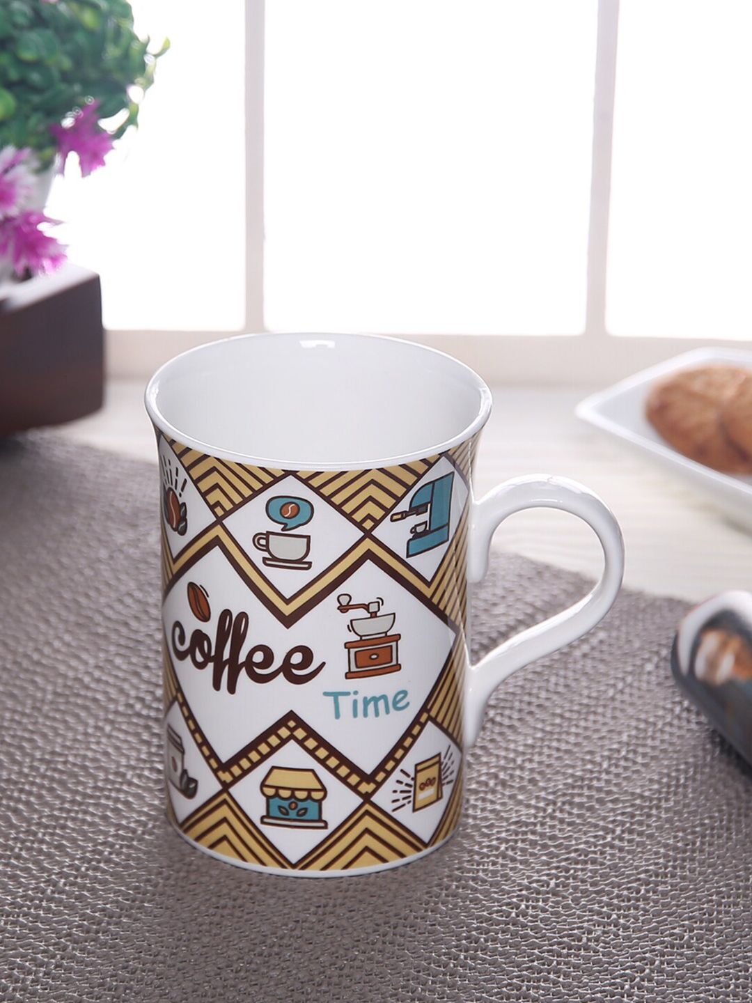 CLAY CRAFT White & Brown Printed Ceramic Glossy Mug Price in India