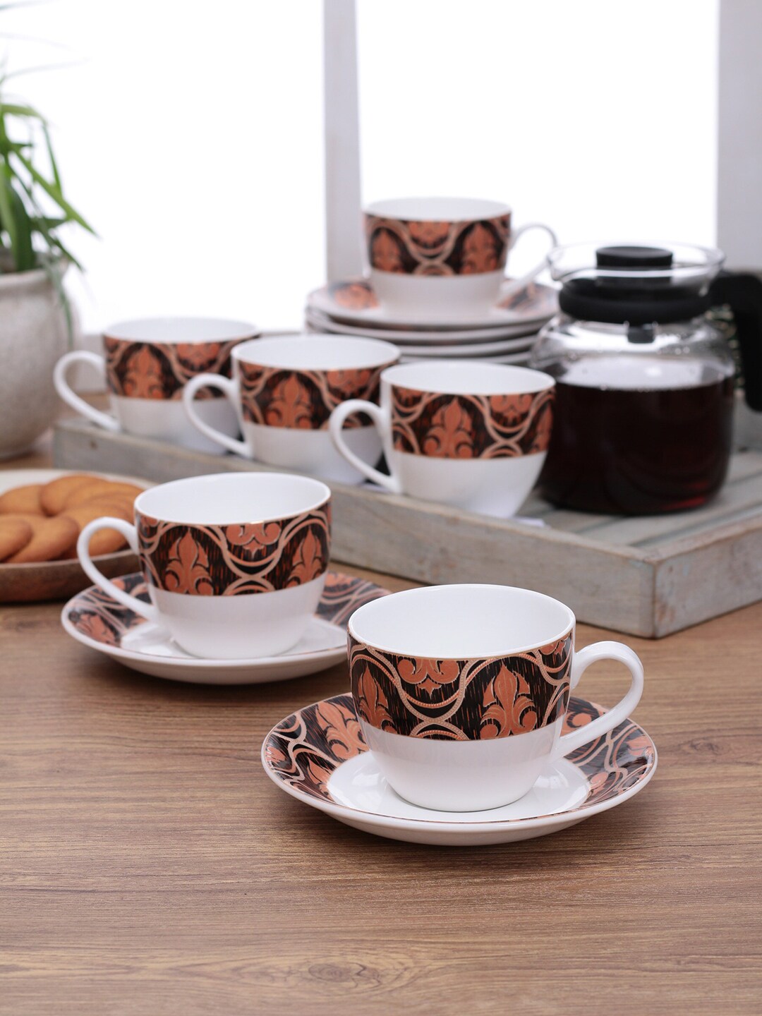 CLAY CRAFT White & Brown Printed Ceramic Glossy Cups and Saucers Set of 12 Price in India