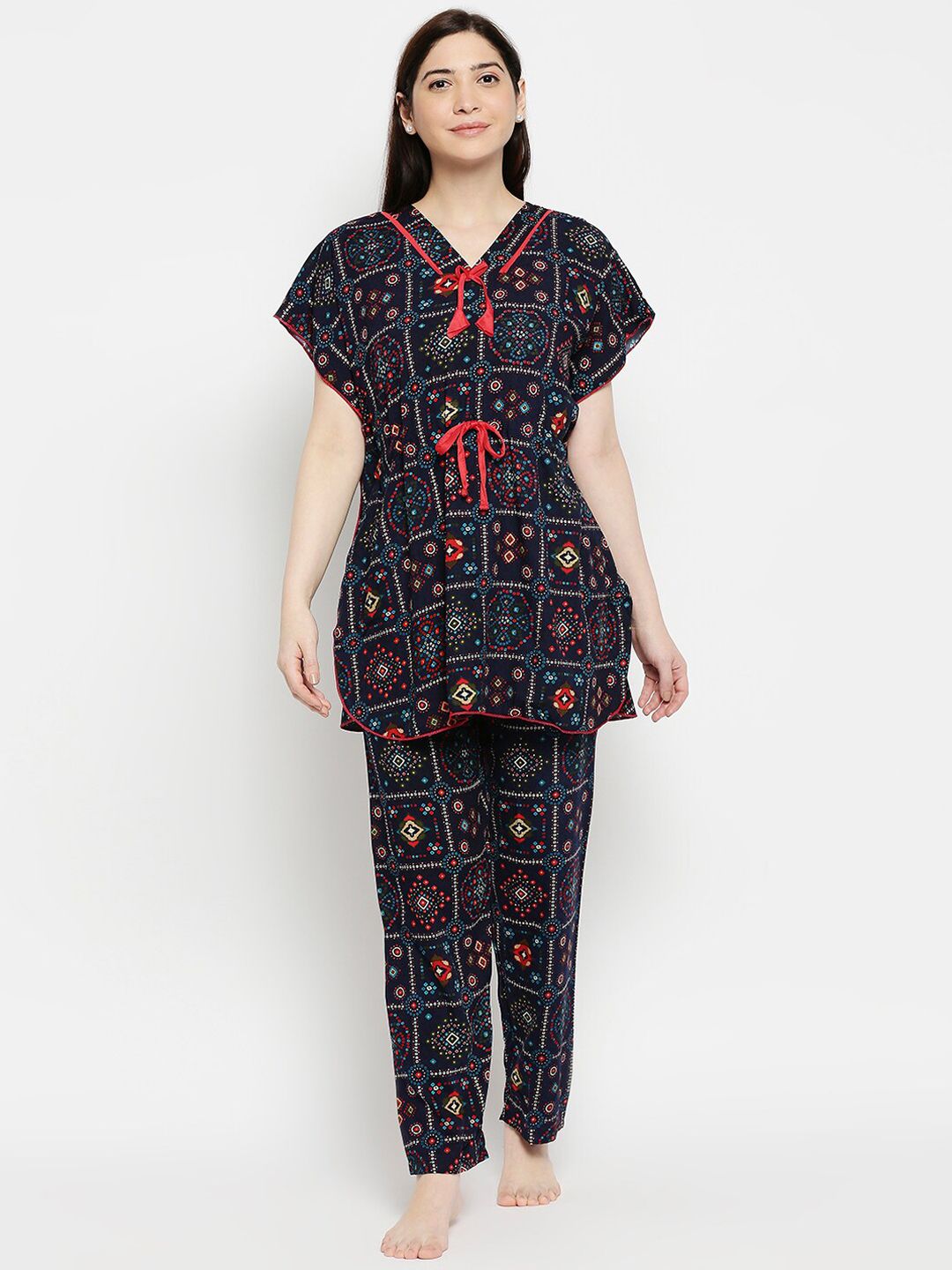 Pretty Awesome Women Blue & Red Printed Pure Cotton Night suit Price in India