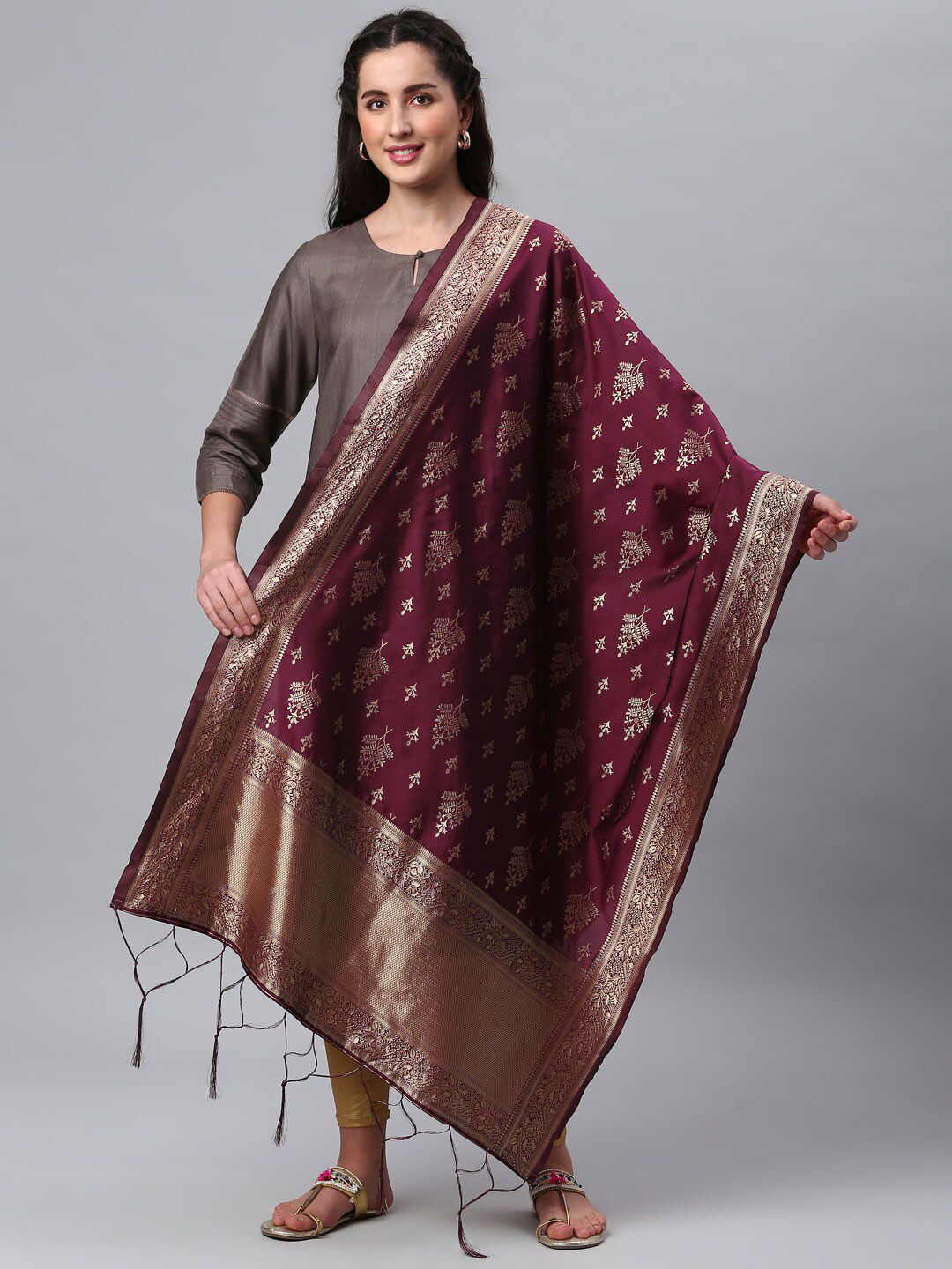 Lilots Burgundy & Gold-Toned Ethnic Motifs Jacquard Woven Design Dupatta