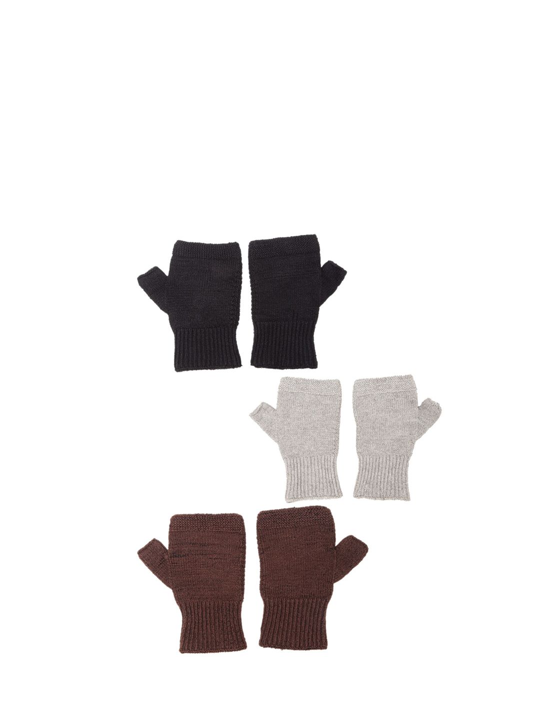 Bharatasya Unisex Set of 3 Grey & Black Solid Knitted Cotton Gloves Price in India