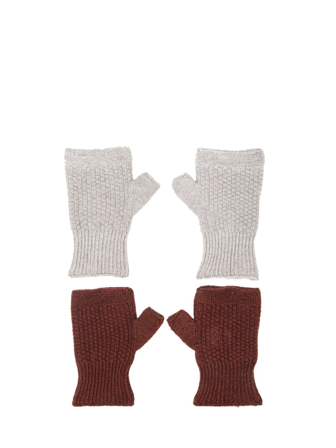 Bharatasya Unisex Pack of 2 Grey & Brown Solid Knitted Cotton Gloves Price in India