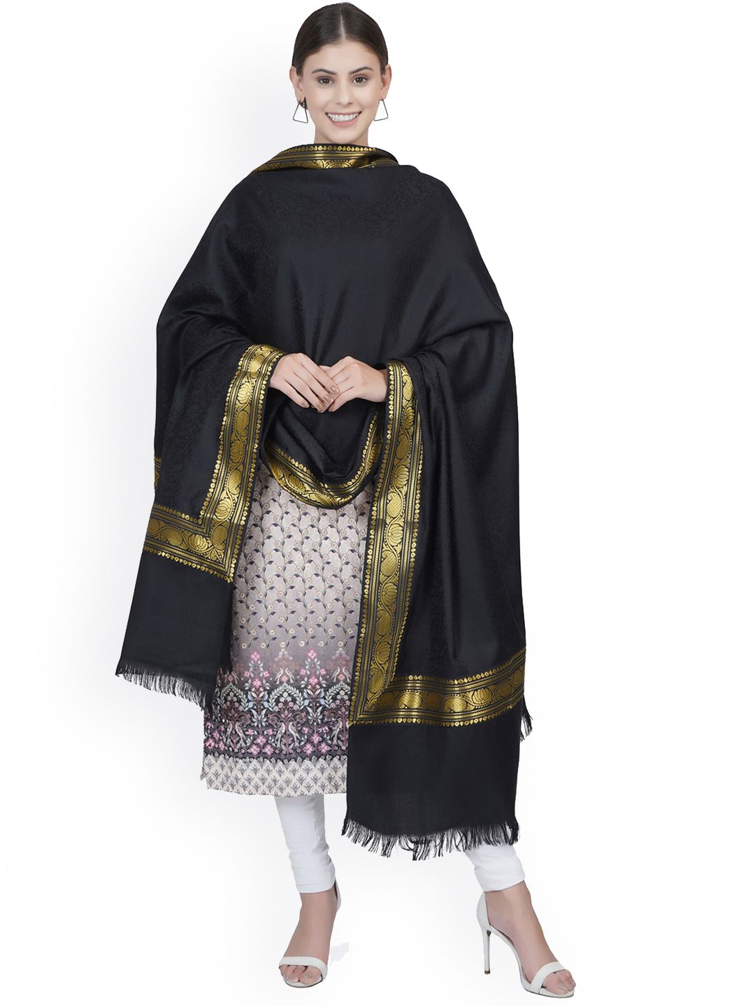 La Vastraa Women Black & Gold-Colored Woven Pure Wool Shawl Price in India