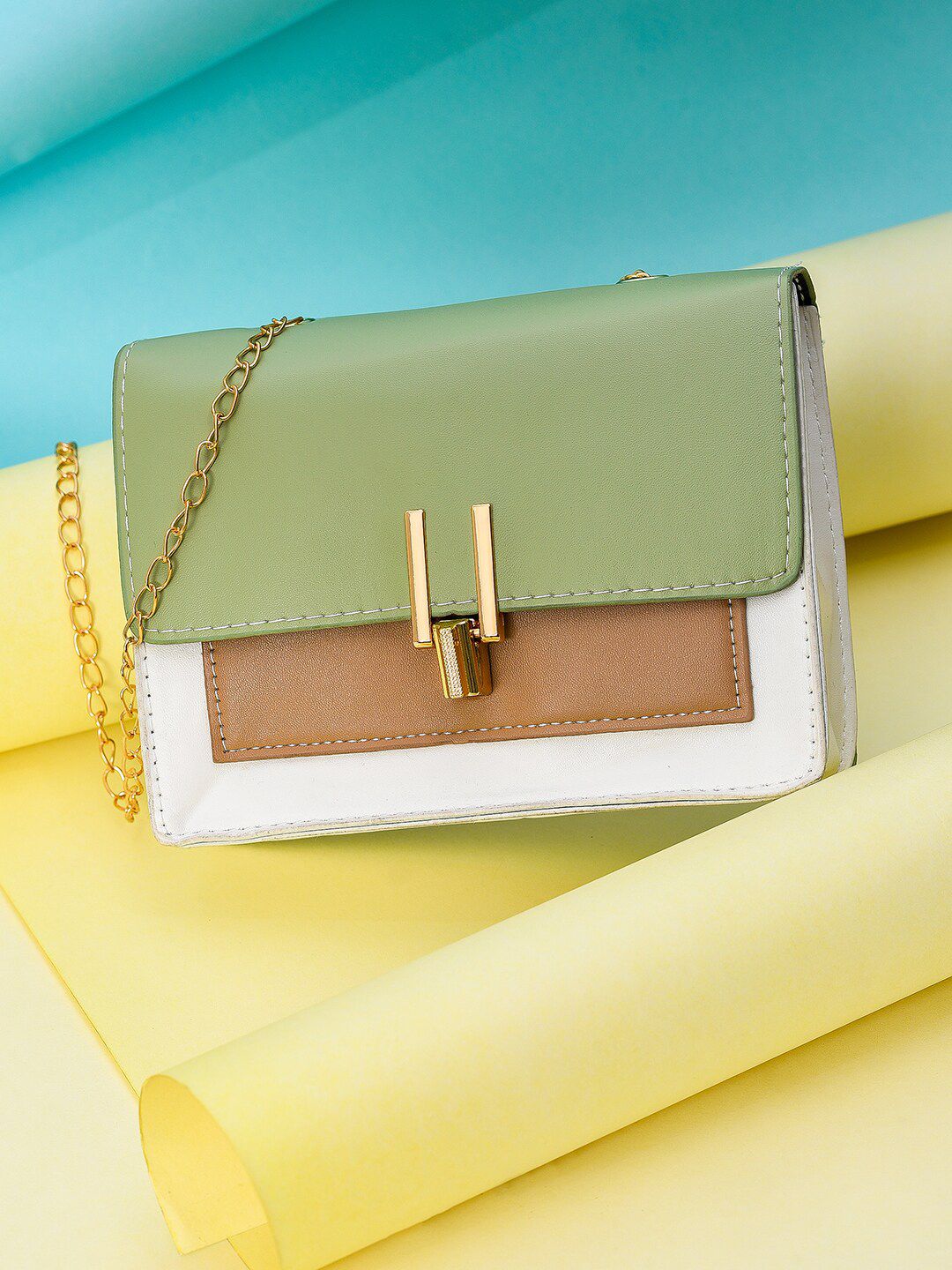 HAUTE SAUCE by Campus Sutra Green Textured PU Structured Satchel with Fringed Price in India