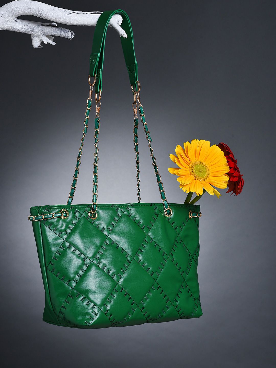 HAUTE SAUCE by Campus Sutra Green Textured PU Quilted Handheld Bag Price in India