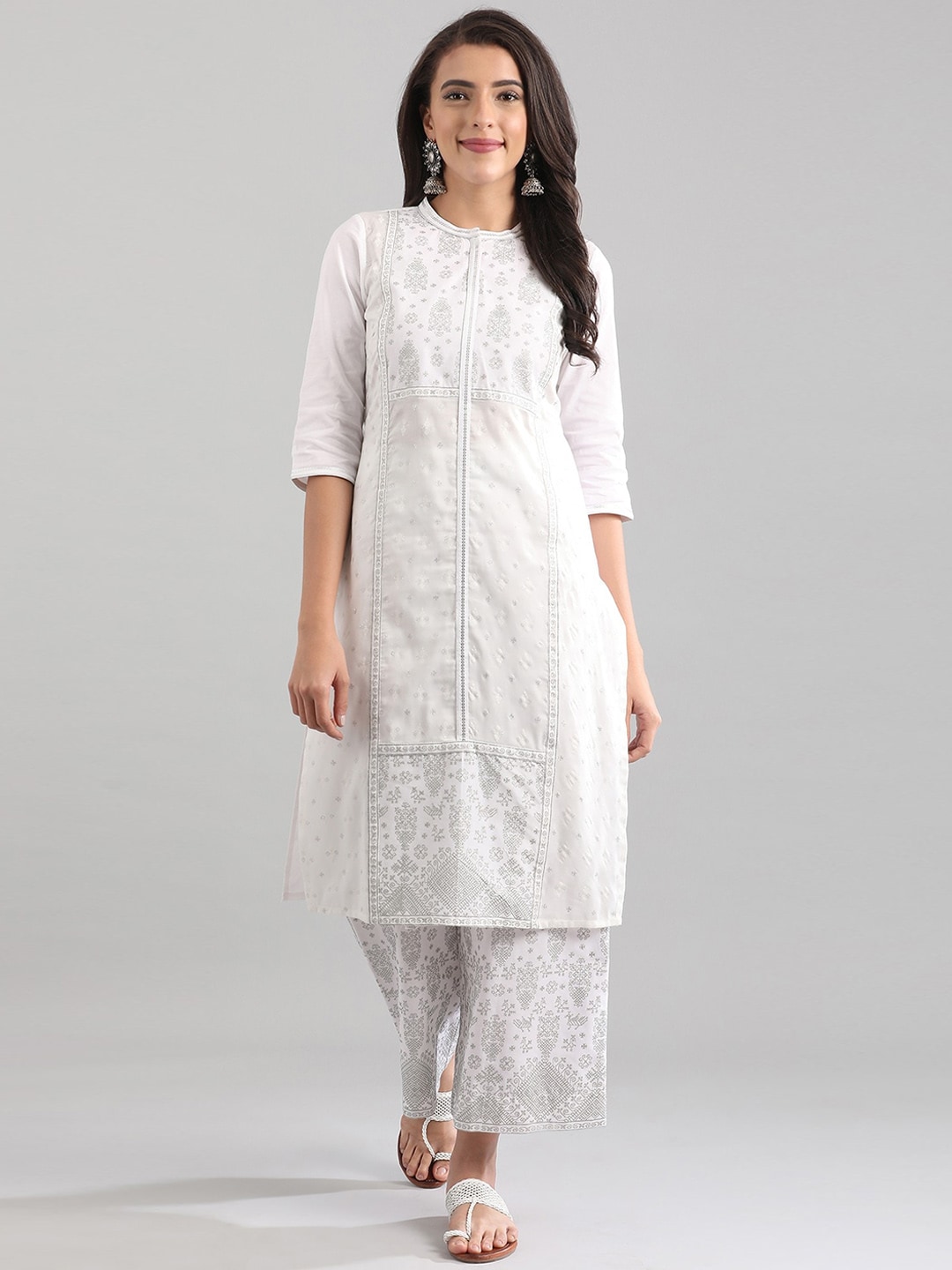 AURELIA Women White Floral Embroidered Sequined Cotton Kurta Price in India