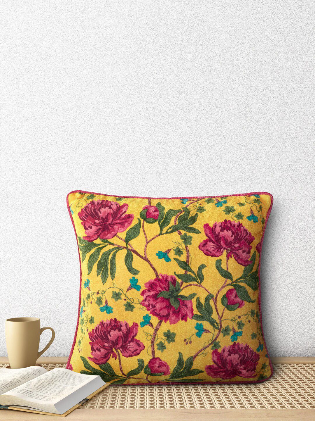 Living scapes by Pantaloons Yellow & Red Floral Cotton Square Cushion Covers Price in India