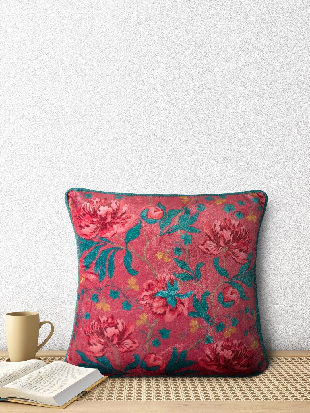 Living scapes by Pantaloons Maroon & Blue Floral Pure Cotton Square Cushion Cover Price in India