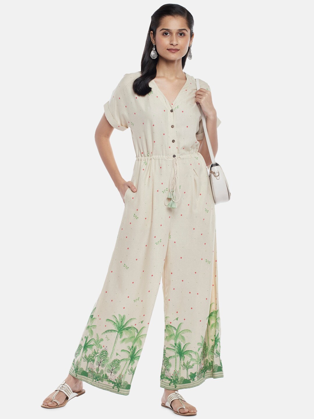 AKKRITI BY PANTALOONS Off White & Green Printed Basic Jumpsuit Price in India