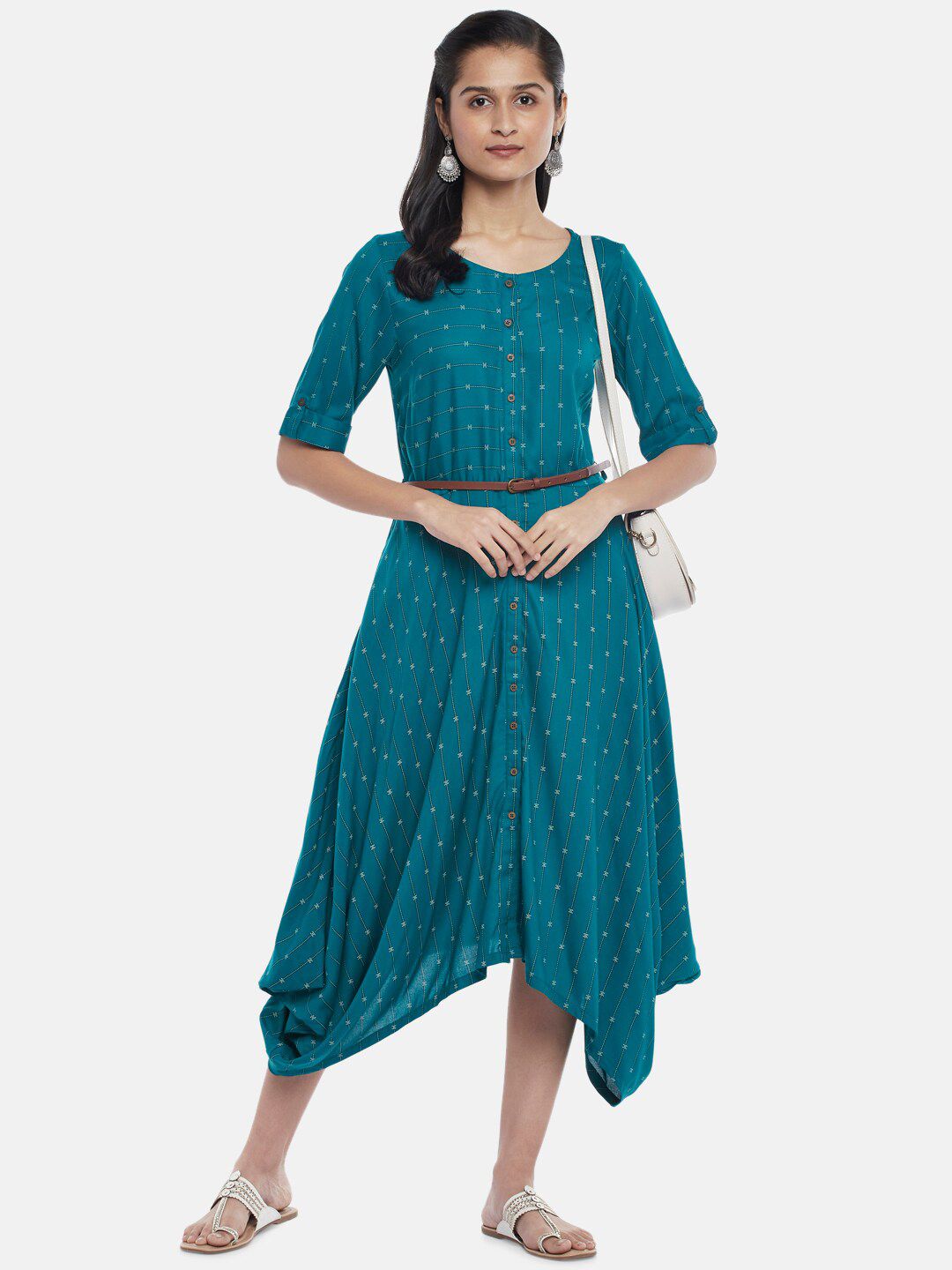 AKKRITI BY PANTALOONS Teal Midi Belted Dress Price in India