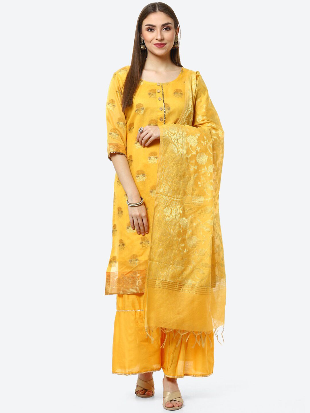 Biba Yellow & Gold-Toned Printed Unstitched Dress Material Price in India