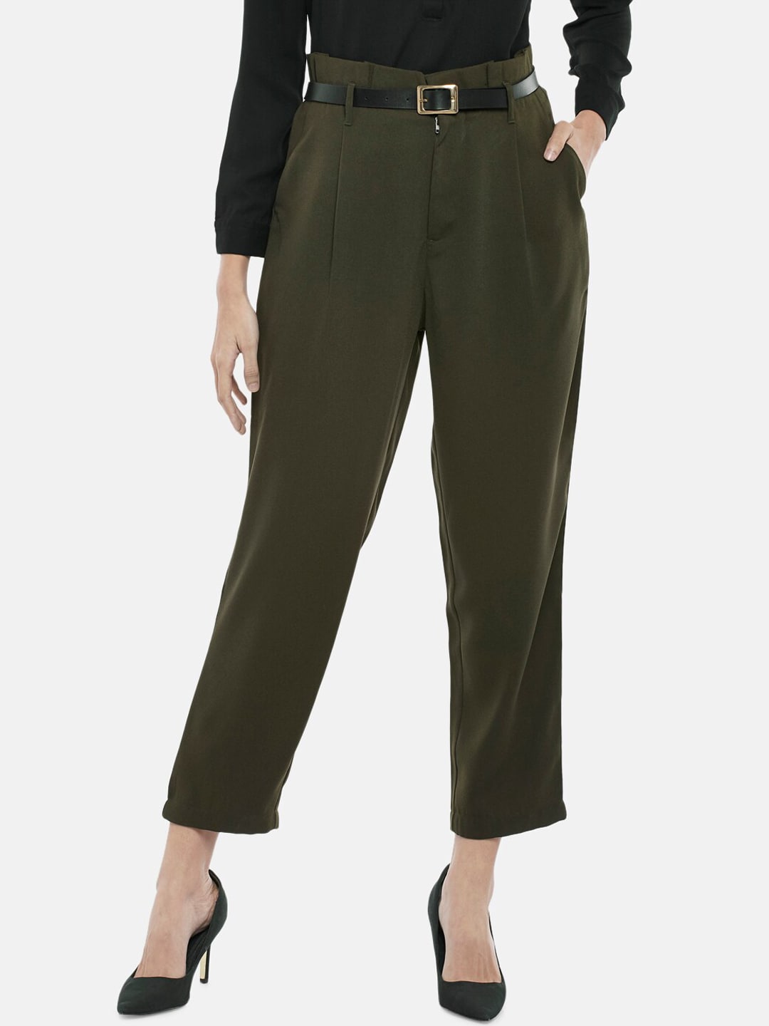 Annabelle by Pantaloons Women Olive Green Tapered Fit High-Rise Pleated Crop Trousers Price in India