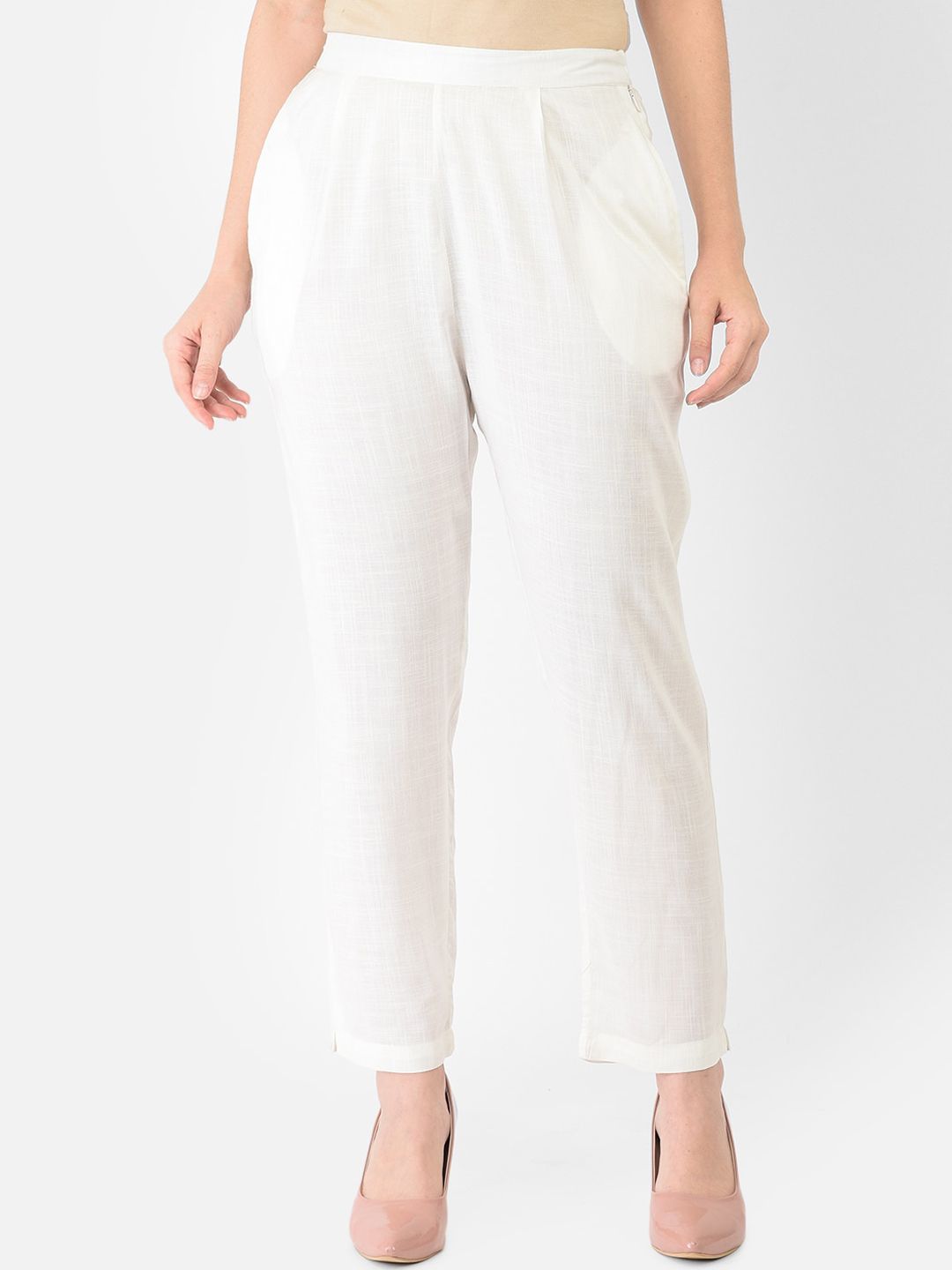 Ojjasvi Women Off White Comfort Tapered Fit Pleated Trousers Price in India