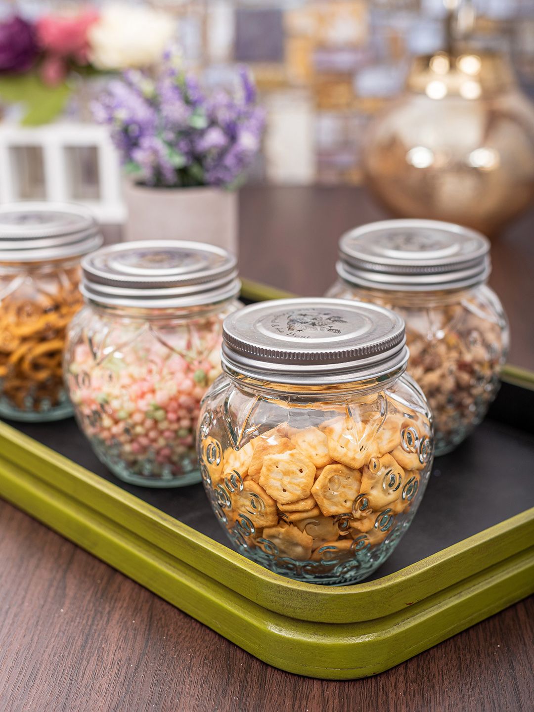 White Gold Set Of 4 Transparent & Silver-Toned Textured Glass Jar With Lid Price in India