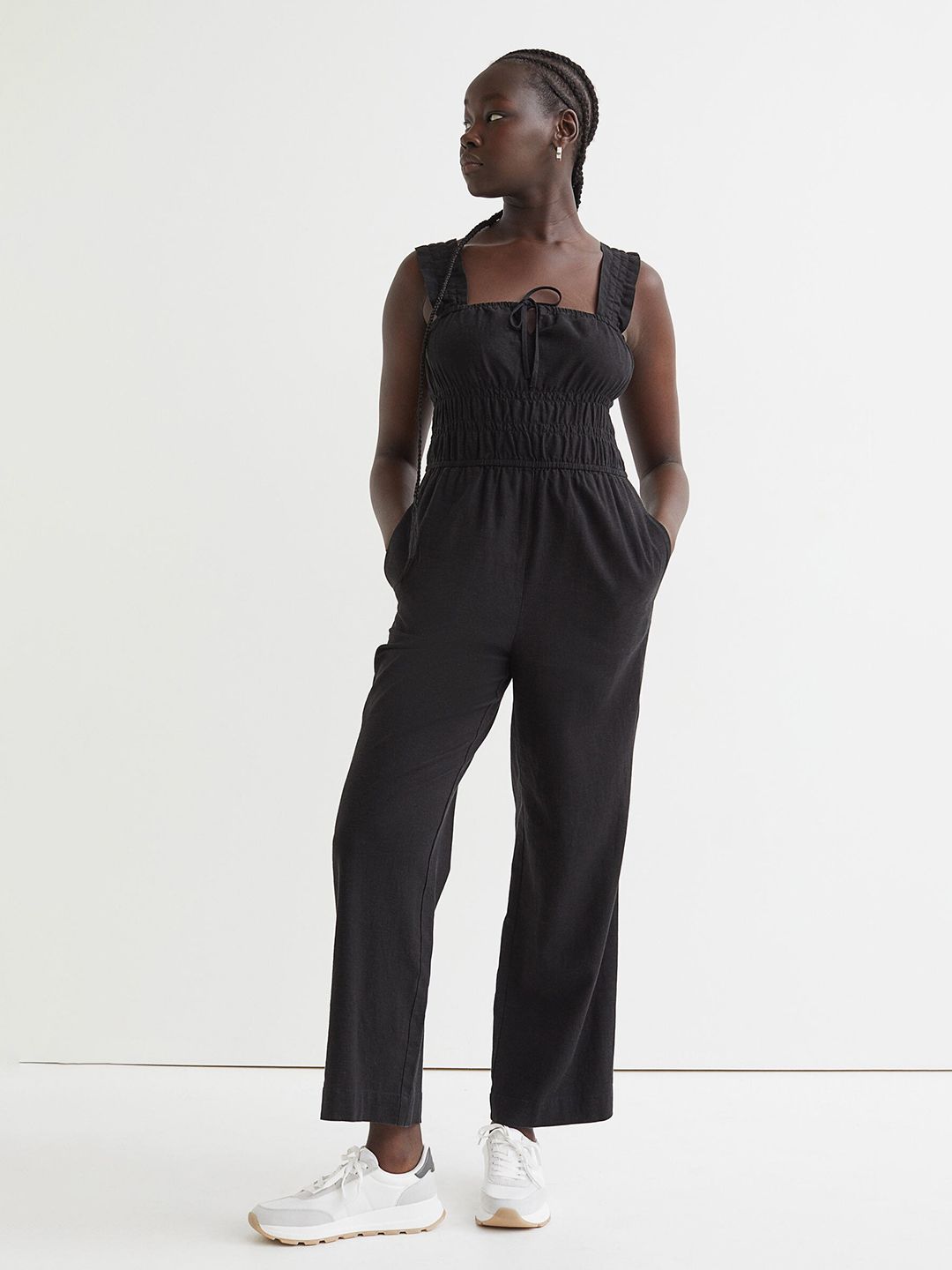 H&M Women Black Solid Linen-Blend Jumpsuit Price in India