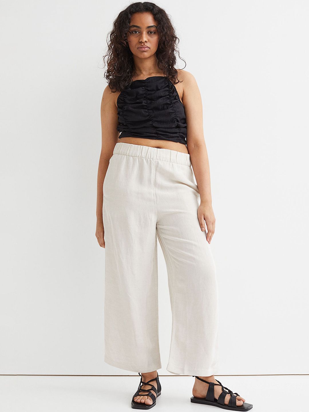 H&M Women Beige Wide Linen-blend Trousers Price in India