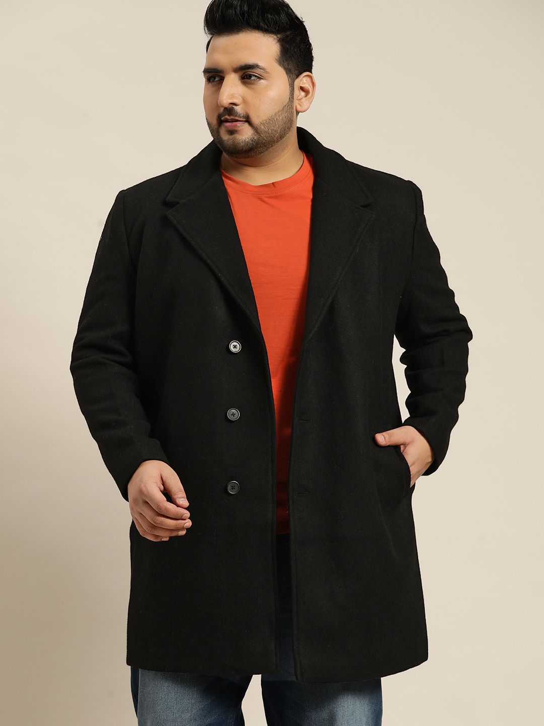 Buy Sztori Men Plus Size Black Solid Longline Overcoat - Coats for