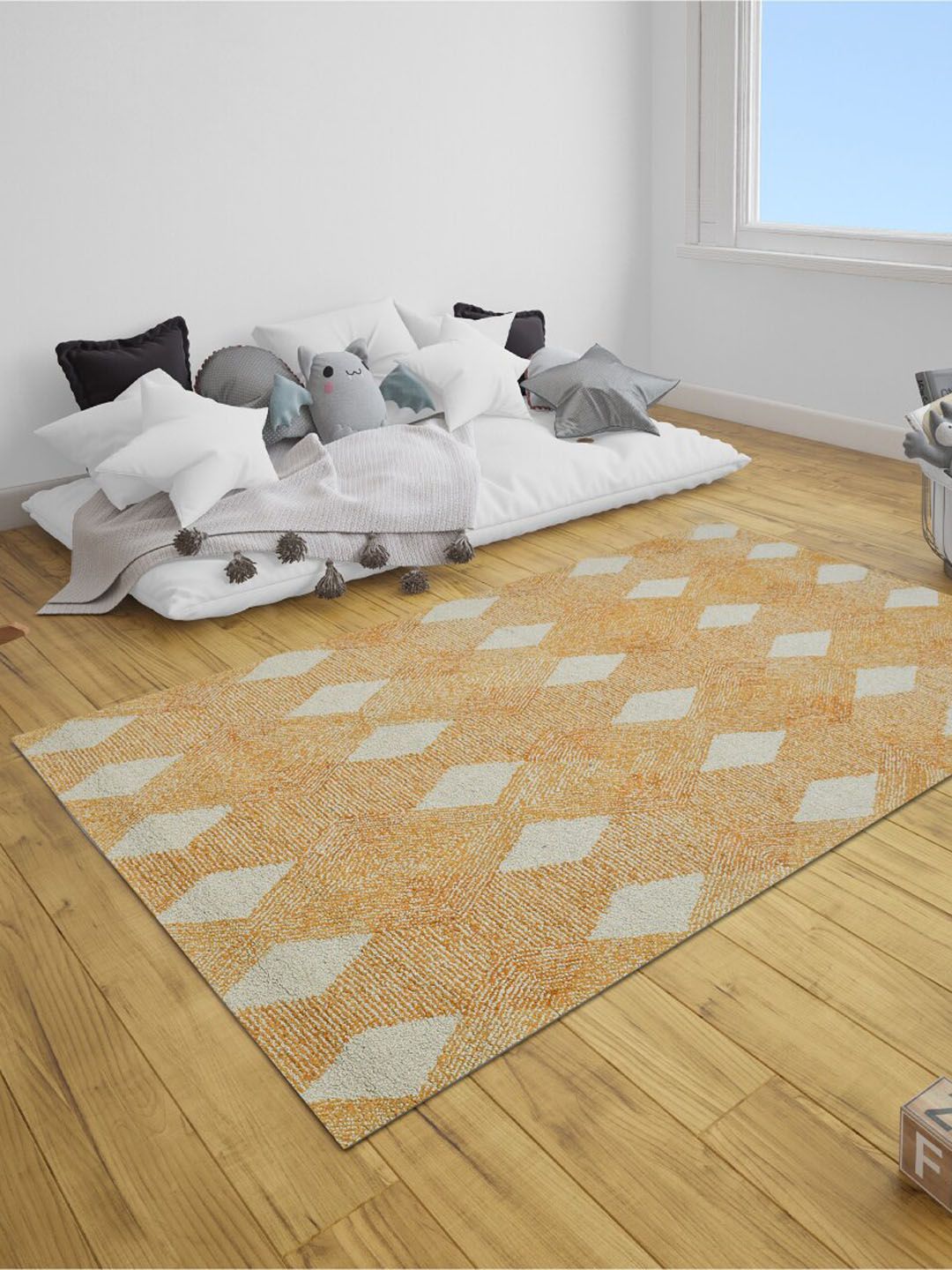 SANDED EDGE Beige Geometric Woolen Carpet Price in India