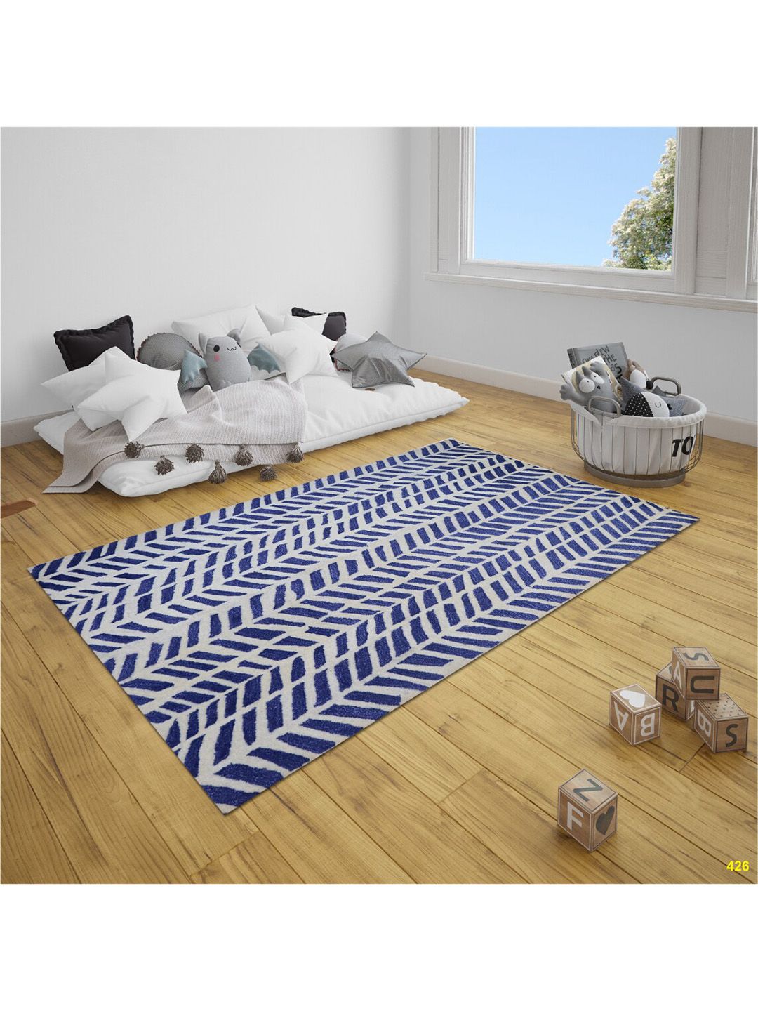 SANDED EDGE Blue Striped Wool Hand-Tuft Carpet Price in India