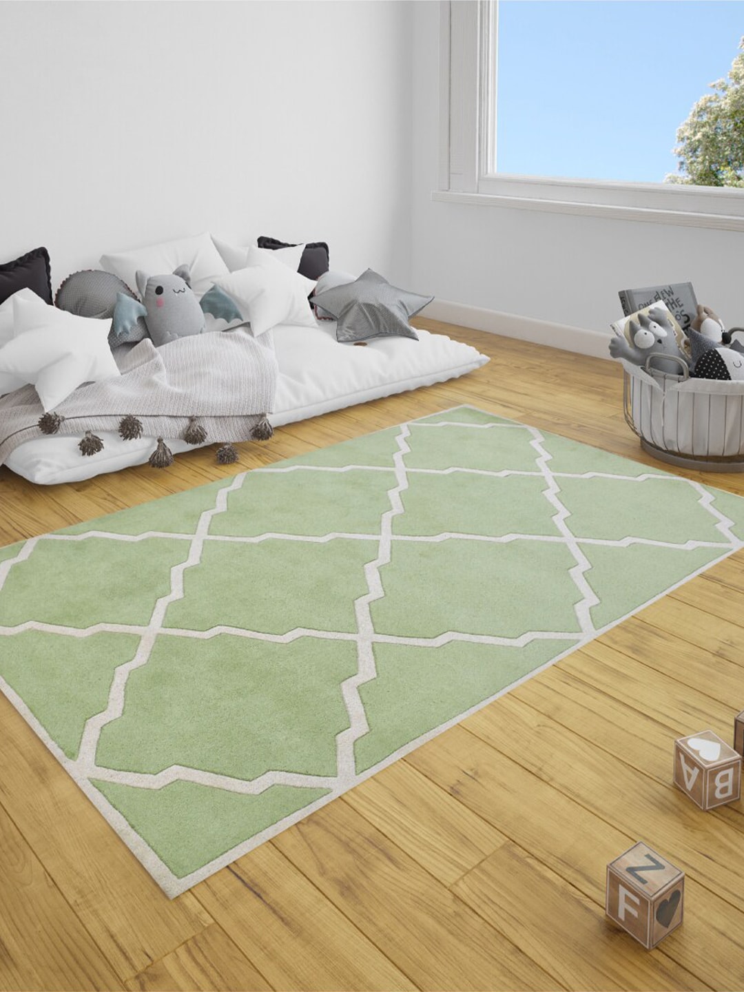 SANDED EDGE Green & White Geometric Printed Woolen Heavy Floor Carpet Price in India
