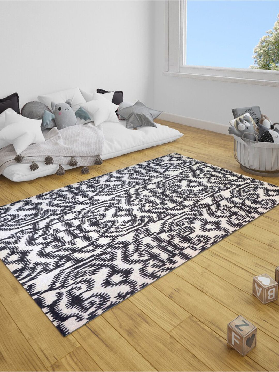 SANDED EDGE Black & White Abstract Printed Rectangular Wool Carpets Price in India