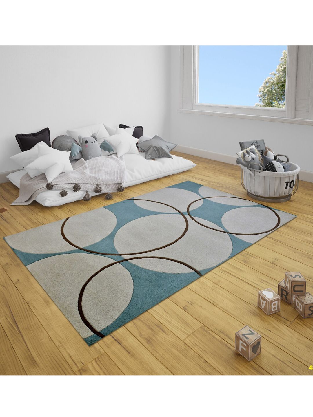 SANDED EDGE White & Aqua Blue Geometric Printed Rectangular Wool Carpet Price in India