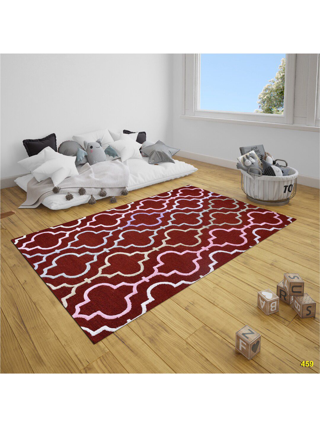 SANDED EDGE Red & Blue Geometric Wool Floor Carpets Price in India
