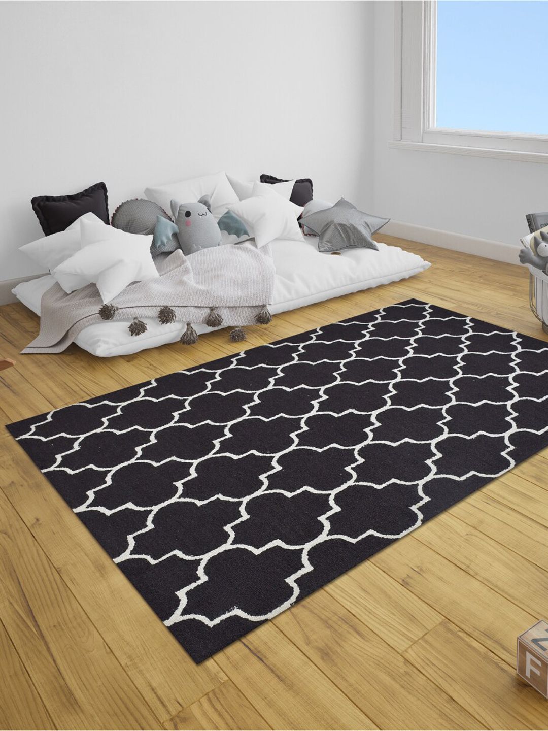 SANDED EDGE Black & White Printed Woolen Heavy Floor Carpet Price in India