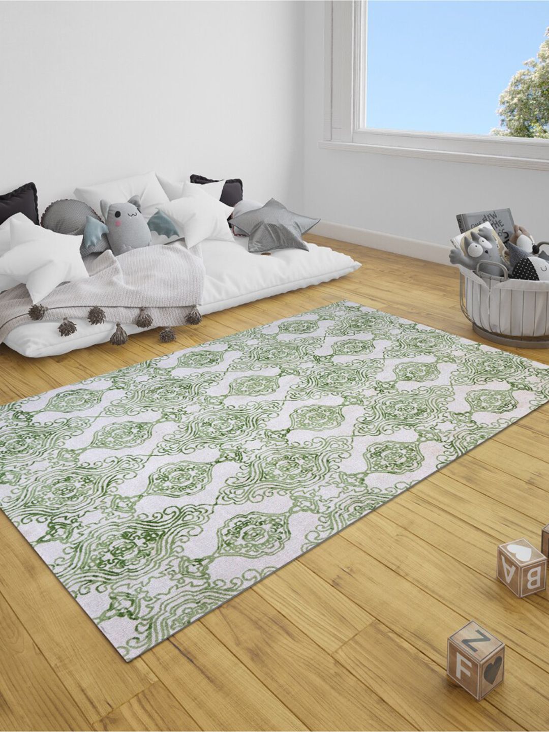 SANDED EDGE Green & White Printed Woolen Heavy Floor Carpet Price in India